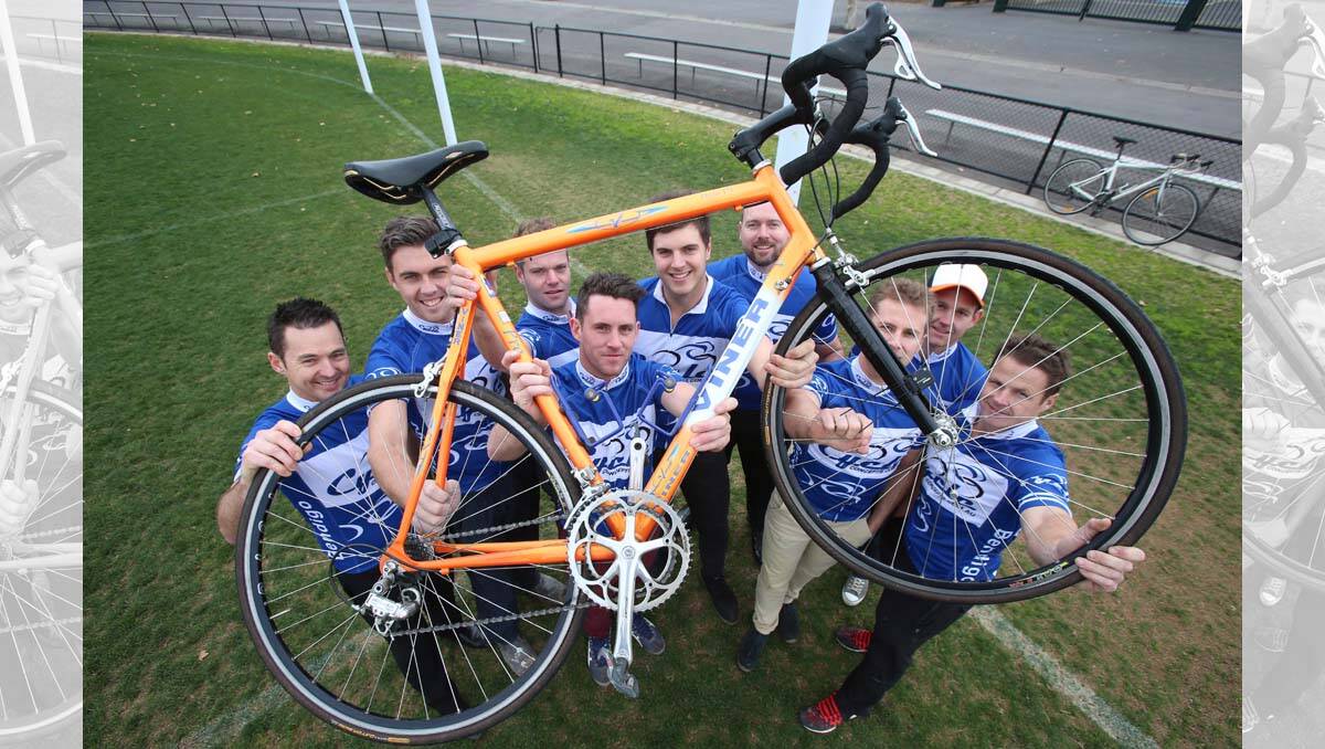 Footballers from Bridgewater and South Bendigo are taking part in a charity bike ride for cancer this year. Kris Gill, Darren Clutton, Julian Lake, Josh McLeod, Nick Hall, Brendan Jennings, Arron Connaughton, Deon Jones and Phil Pollard. Picture: Peter Weaving