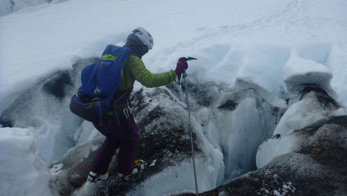 Linda navigates over one of the crevasses. Picture: Supplied