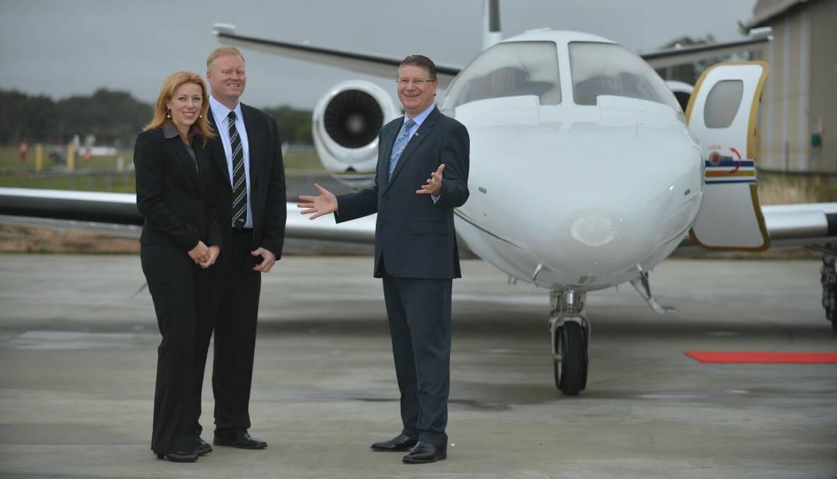 MyJet's Jody and Chris Richards with Premier Dennis Napthine at Bendigo Airport Friday morning to open a new MyJet facility. Picture: Brendan McCarthy
