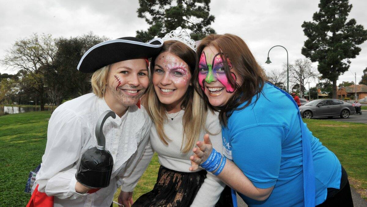 ALL GOOD FUN: Rachel Palmer, Liz Baxter and Alena Tan were at Lake Weeroona to support the cause. Picture: JULIE HOUGH