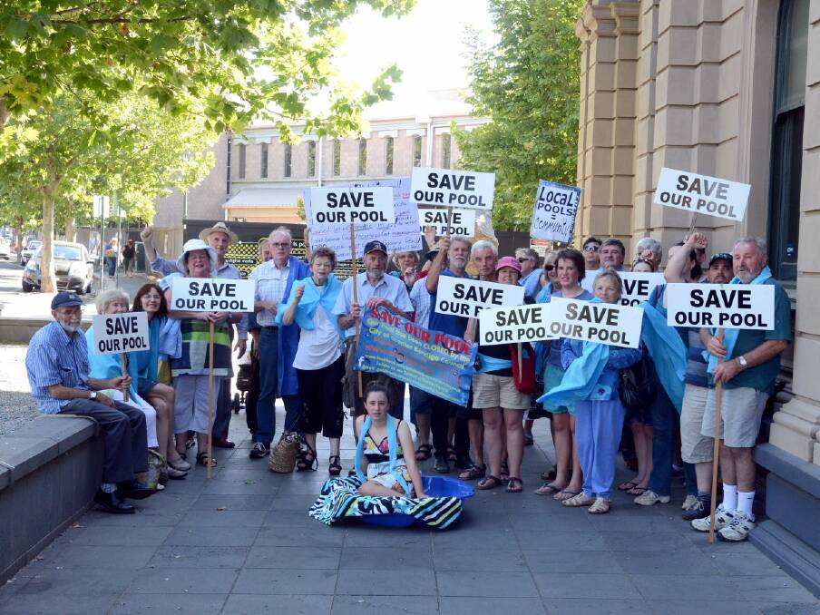 RESIDENTS: Members of the Save the Golden Square Pool group rally against outside the Town Hall at this week's council meeting. Picture: JIM ALDERSEY