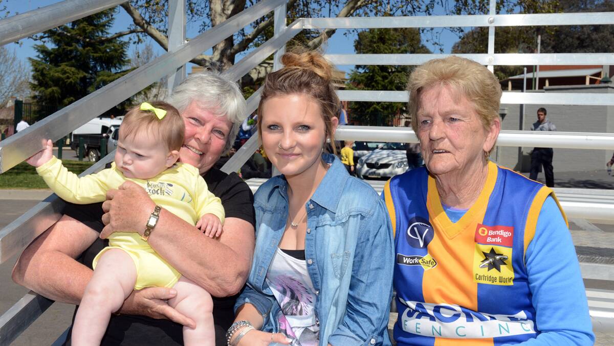 Faces at the BFNL grand final. Couleyah Knight, Bev Doyle, Zambier Knight and Ellie Bryan. Picture: Jim Aldersey