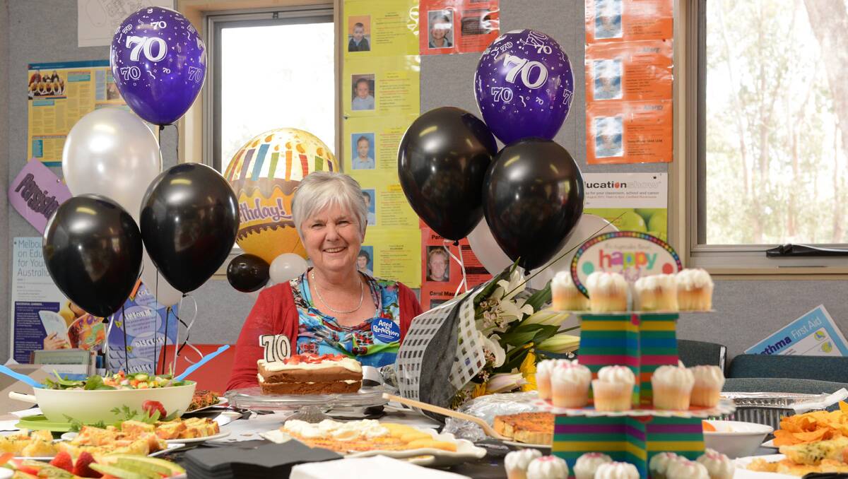 Betty Pritchard celebrates her 70th birthday at Maiden Gully Primary School. Picture: Jim Aldersey 