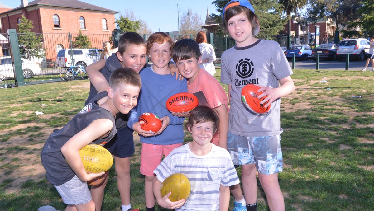 Faces at the BFNL grand final. Mawgan Wiltshire, James Vlaeminck, Noah Walsh, Charlie Robinson and Jed and Louis Zimmer. Picture: Jodie Donnellan