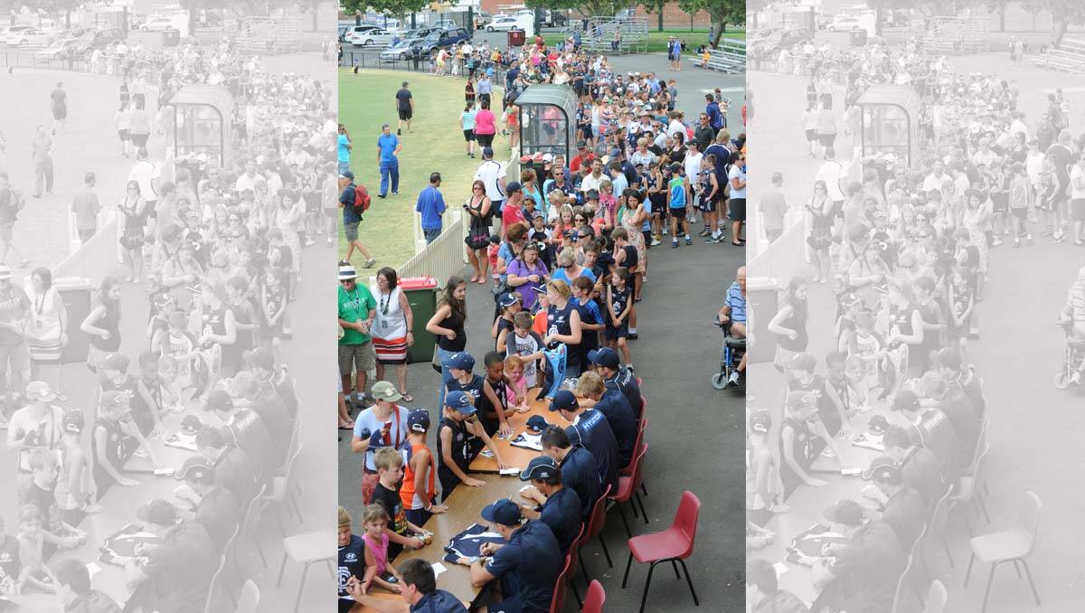 Carlton super clinic at the QEO. The line -up to get autographs yesterday. Picture: Jodie Donnellan