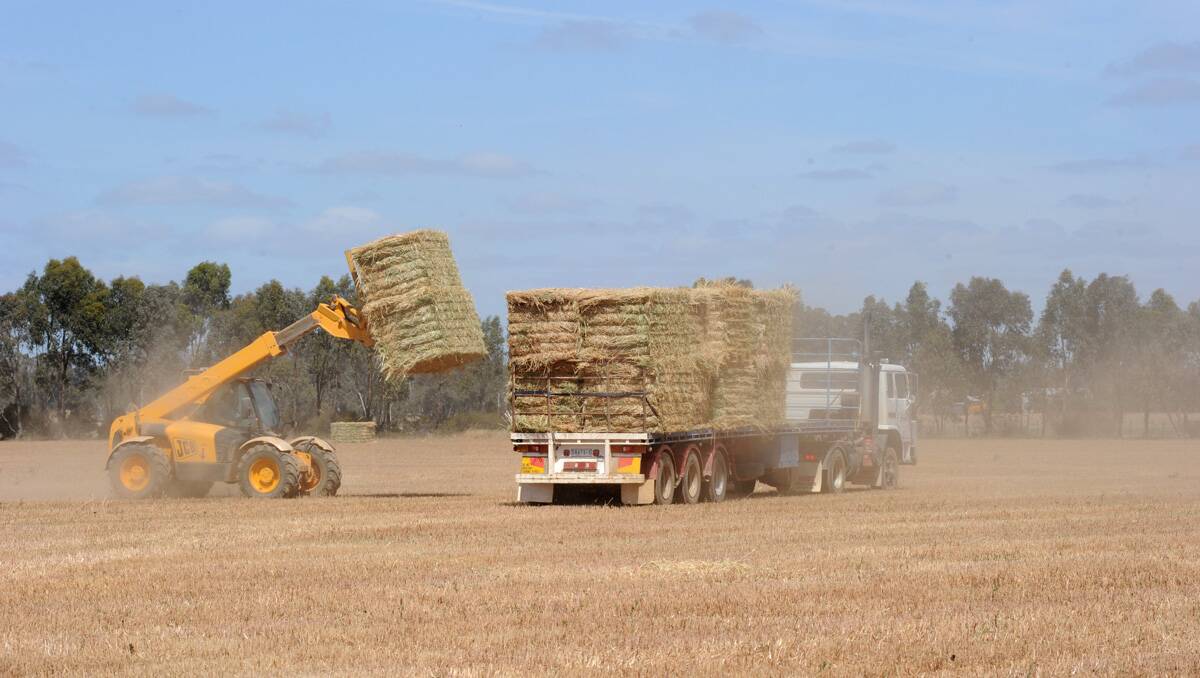 Tony Meloury collects bales of hay at Goornong. Picture: Peter Weaving 