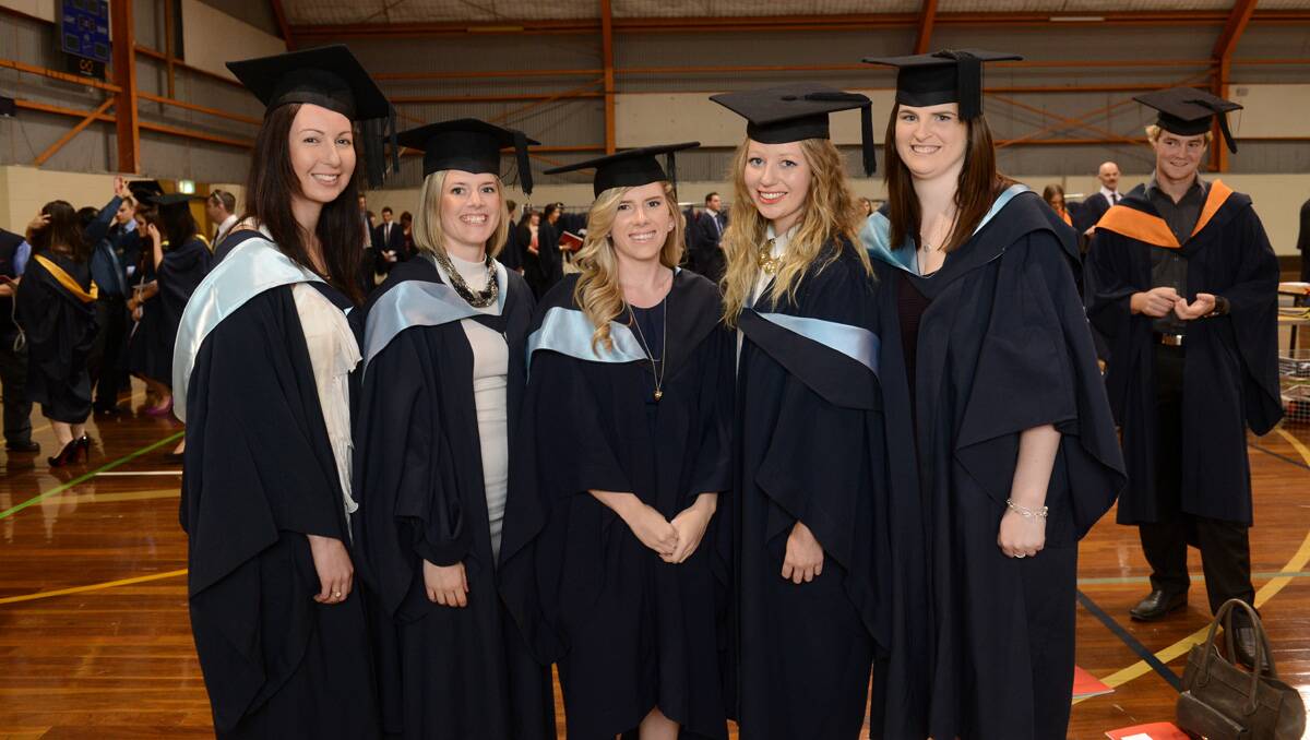 La Trobe University Bendigo graduation. Paige Hortin, Claire Hicks, Sarah Cain, Jodie Donnellan and Laura Lloyd. Picture: Jim Aldersey