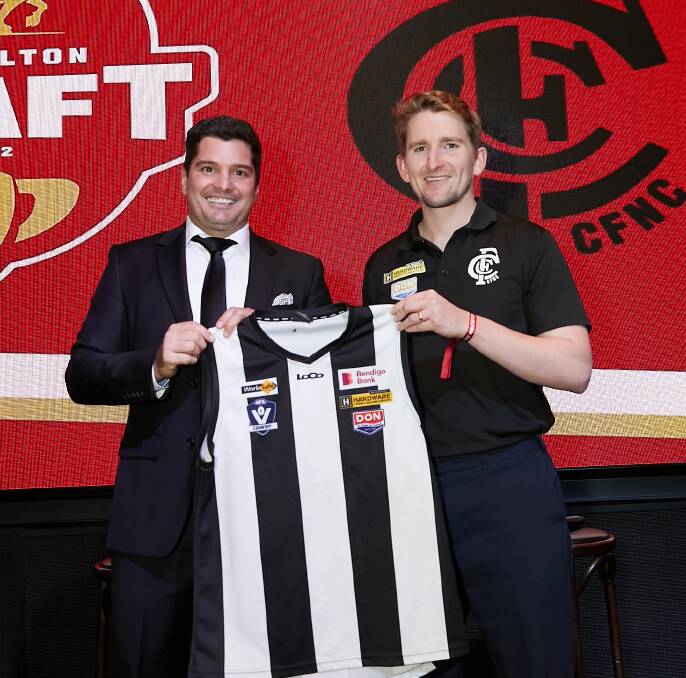 Former St Kilda player Leigh Montagna and Castlemaine president Caleb Kuhle at Tuesday night's Carlton Draft at Crown Casino. Picture supplied