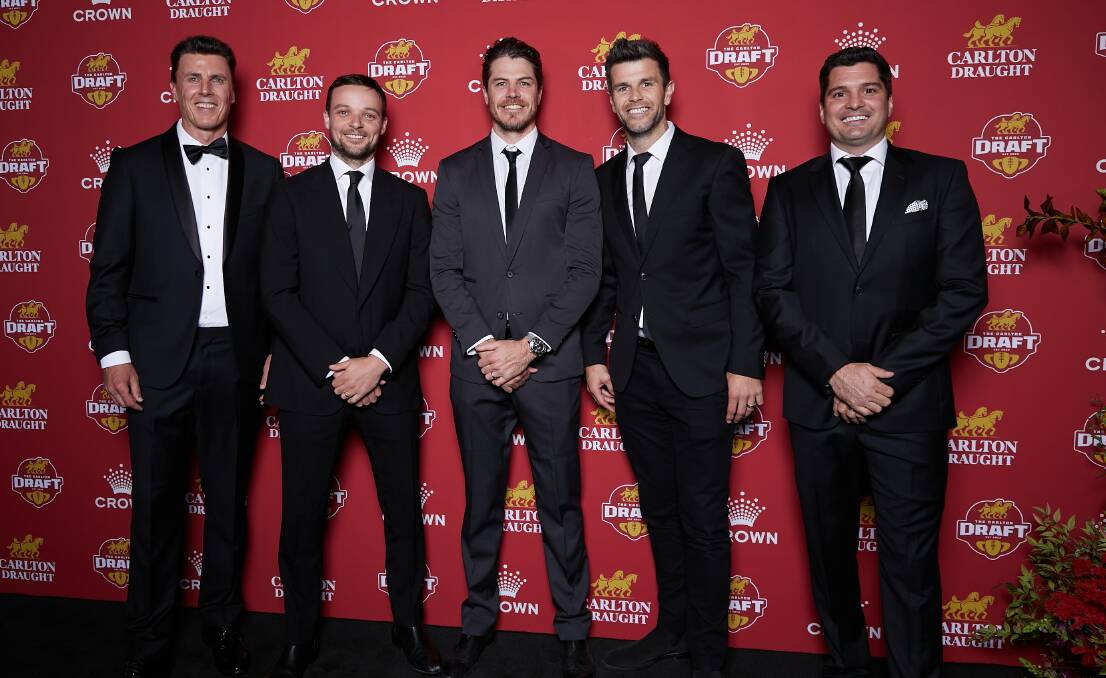 Matthew Lloyd, Dylan Buckley, Isaac Smith, Trent Cotchin and Leigh Montagna at Tuesday night's Carlton Draft. Picture supplied