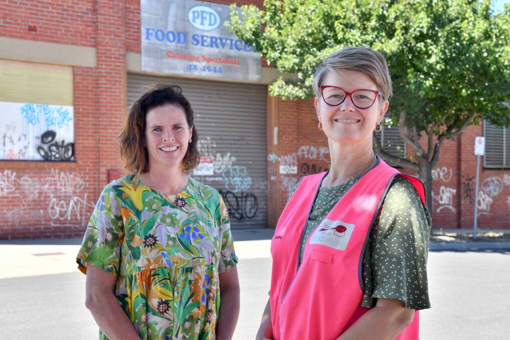 Bendigo Foodshare in front of their to be new residence, The Old Gillies Factory. With Manager Bridget Bentley and Annie Constable. Picture: NONI HYETT