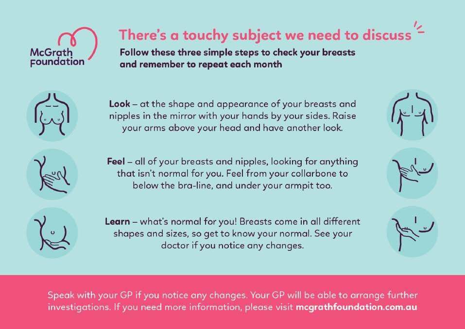 The McGrath Foundation is asking everyone to follow this simple process, developed by its McGrath Breast Care Nurses, and to repeat it once a month.