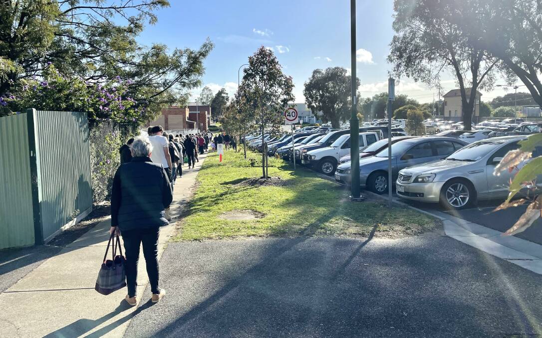 The walk-in testing clinic on McLaren Street is open to the public from 10am. By 9am, the line already had over 100 people in it. Picture: ALLANAH SCIBERRAS