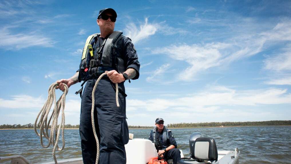WATER BLITZ: Sergeant Matthew Roberts and Leading Senior Constable Wayne Evans-Barker of the Water Police at Lake Eppalock. Picture: Brendan McCarthy
