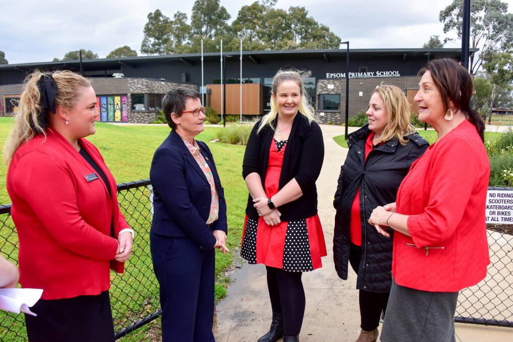 SUPPORT: AEU Branch Victorian President Meredith Peace speaks to staff members at Epsom Primary School. Picture: Brendan McCarthy