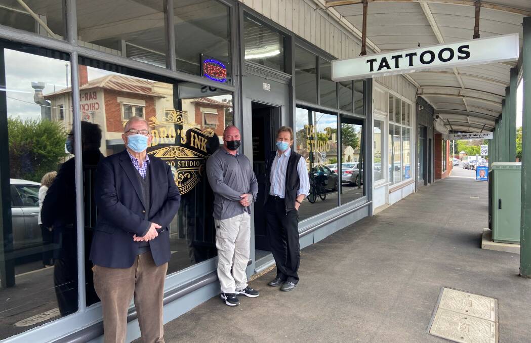 Central Goldfields Shire Mayor Cr Chris Meddows-Taylor, new business owner Peter Duffy of Pedro's Ink and council's manager of Strategy and Economic Development Philip Schier. Picture: SUPPLIED 