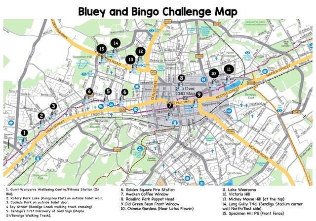 The challenge involves a map of Bendigo and highlights particular places and challenges for members to complete, which have been marked with a "Bluey".