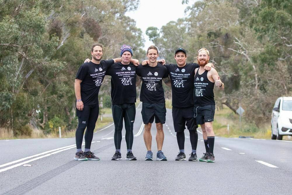 SUPPORT: Jeremy Molloy, Ryan Walker, Tim McKern, David Tuddenham and Wallis Collins have walked over 160km to raise awareness for mental health. This picture was taken before the COVID lockdown. Picture: LANA BERTONI