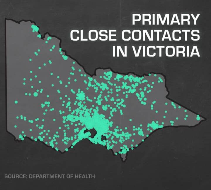 The Department of Health released this map of the close contacts of coronavirus cases in Victoria on Tuesday. Picture: DHHS