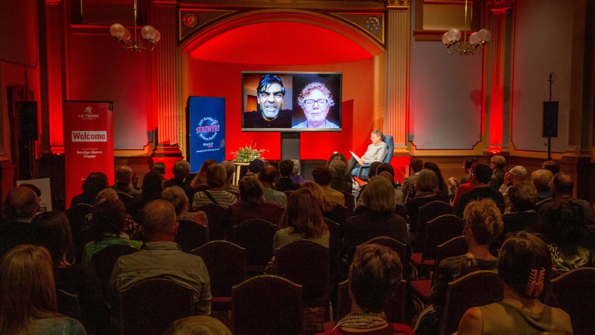 SUCCESS: Raj Patel in Texas talking with Bendigo Foodshare's Cathie Steele about how to feed the world with Rosemary Sorensen hosting in the Bendigo Bank Theatre. Picture: Peter Weaving, Bendigo Writers Festival
