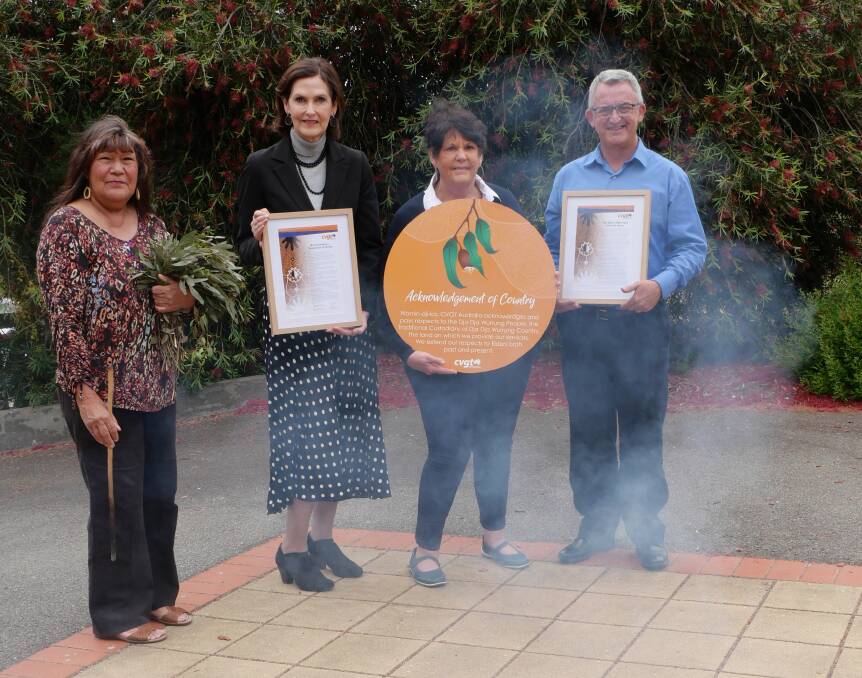 : Aunty Marilyne Nicholls, Dja Dja Wurrung elder; Liz Corbett, CVGT Australia chair; Rhonda Penney, CVGT Australia Indigenous communities liaison officer; Jason Russell, CVGT Australia chief executive officer. 