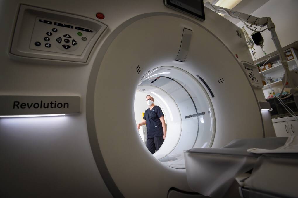 Bendigo Radiology X-Ray Modality manager Kate Comer with the new CT scanner at St John Of God Hospital. Picture by Darren Howe