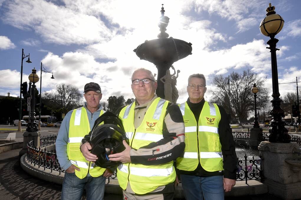 REVVED UP: Bendigo volunteers Graham McDermott, Mike Hughes and Robert Milton are ready to do their part for Bloodbikes Australia in the regions. Picture: NONI HYETT