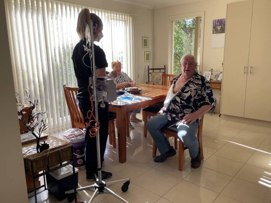 AT HOME: Peter Briscoe getting ready to receive his cancer treatment at home. Picture: ALEX GRETGRIX