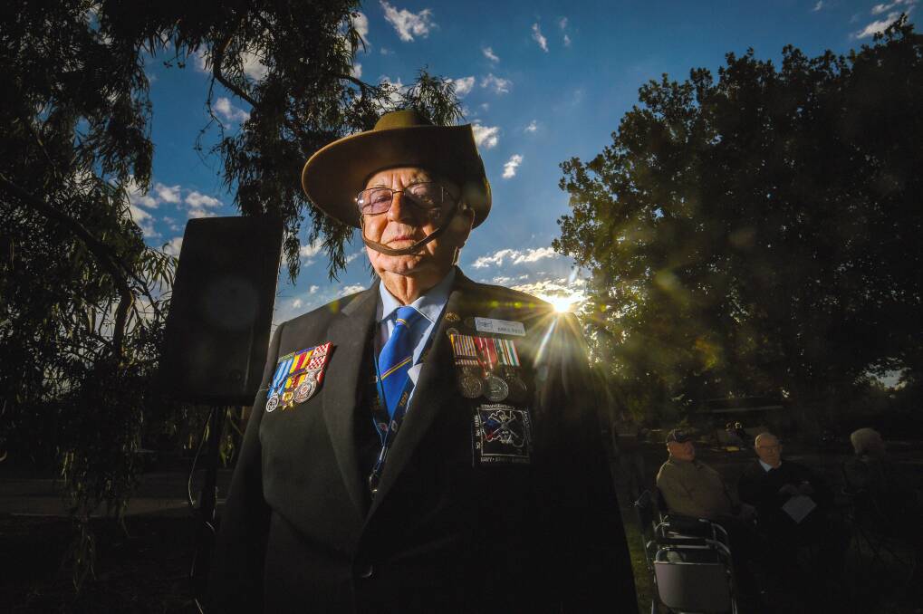 REMEMBER: John White at the Eaglehawk Anzac Day Service. Picture: DARREN HOWE
