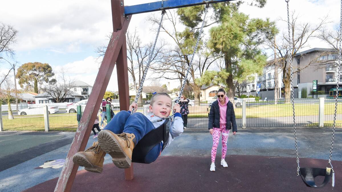 Roseanne Cahill and son Josh on the playground at Lake Weeroona. Picture: DARREN HOWE
