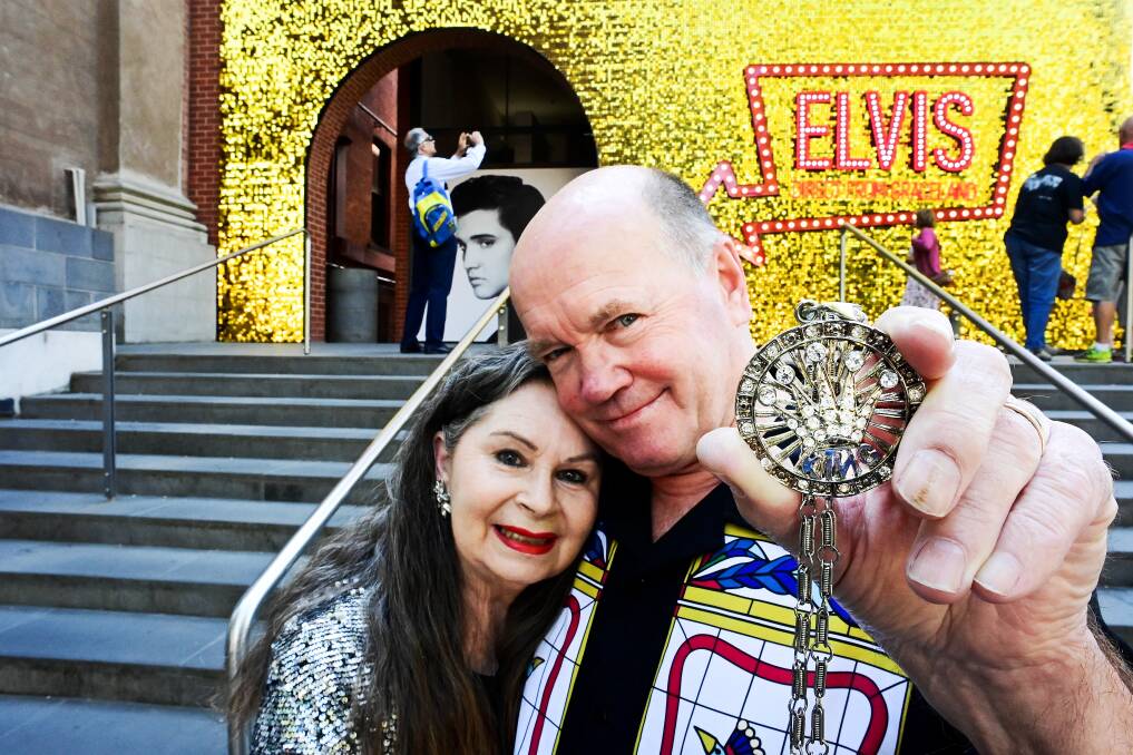 BURNING LOVE: Pamela and Denis Hucker enjoy Elvis: Direct from Graceland during trip to Bendigo. Picture: BRENDAN McCARTHY