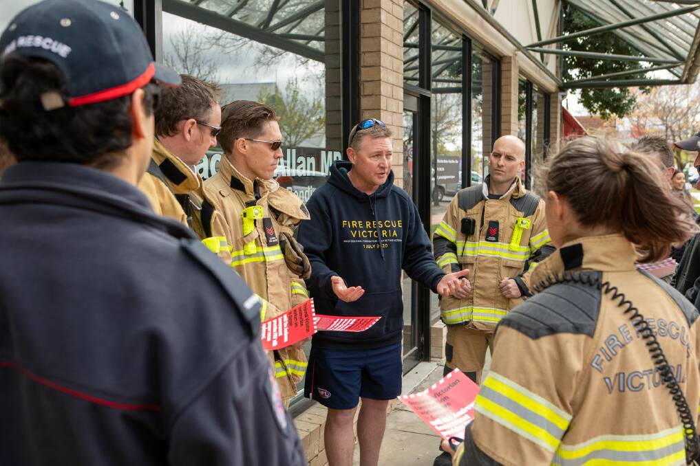 United Firefighters Union Victorian Branch secretary Peter Marshall with FRV members in Bendigo on Wednesday. Picture supplied