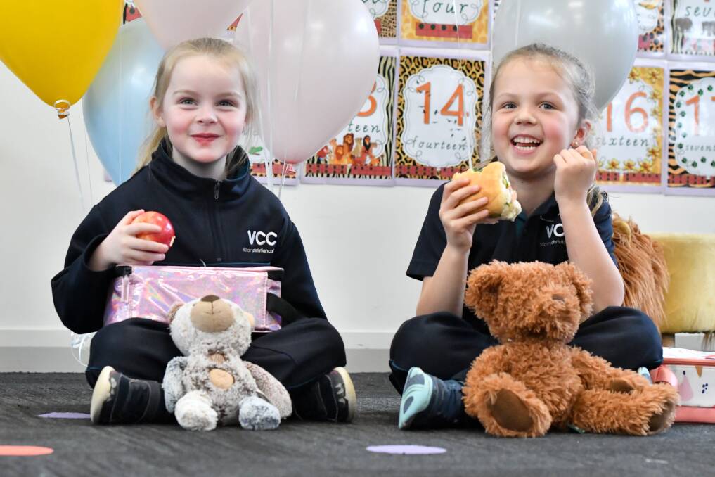 VCC prep students Isla Brame and Frankie Clarke at a teddy bear picnic celebrating 105 days of school. Picture: NONI HYETT