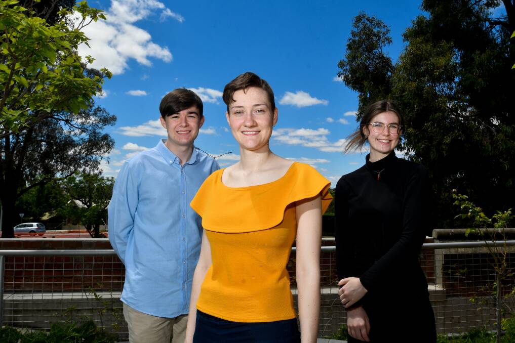 Catherine McAuley College students Toby Costigan, Deanna Daune and Maya Flood. Picture: NONI HYETT
