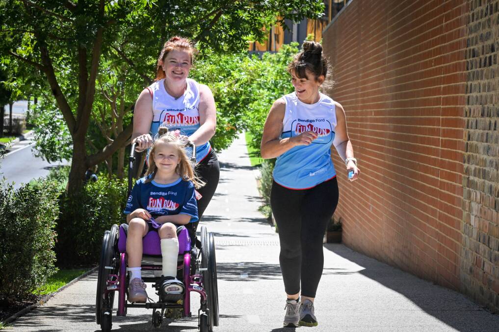 Amelia Pinchbeck with her mum Jennifer and Deb Clayton will do the Bendigo Ford Fun Run to raise funds to support Bendigo Health's new rehabilitation playground. Picture by Darren Howe