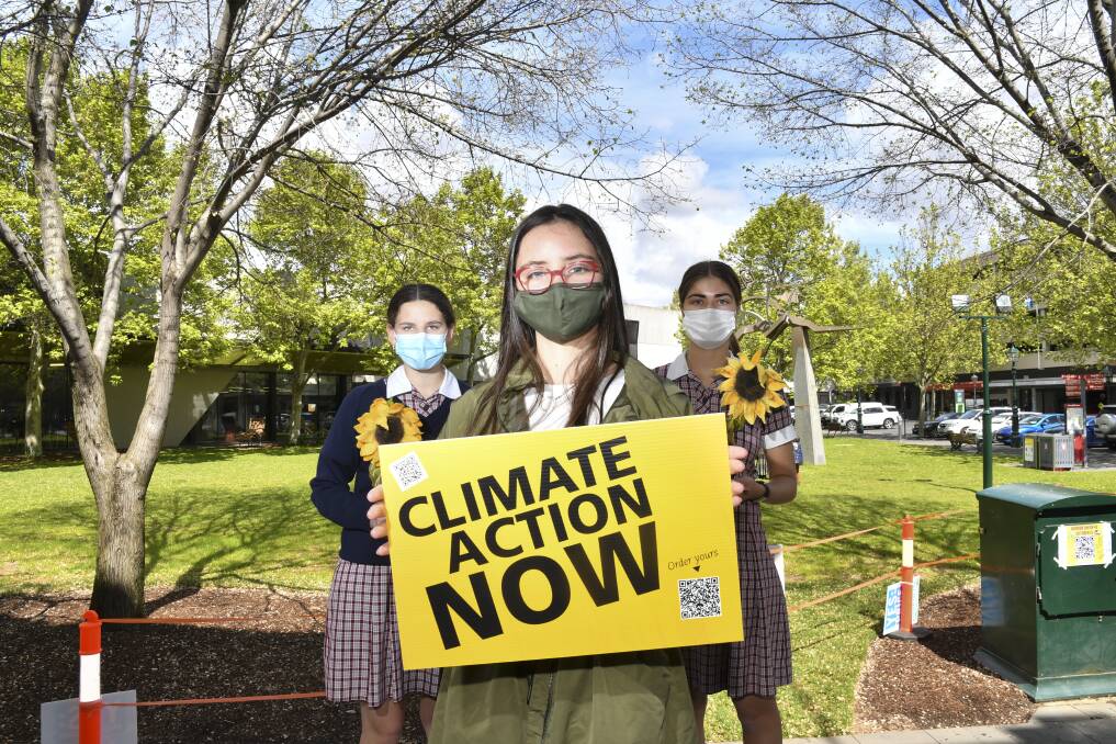 Students and young people gathered at the library gardens to strike for climate change. Picture: NONI HYETT