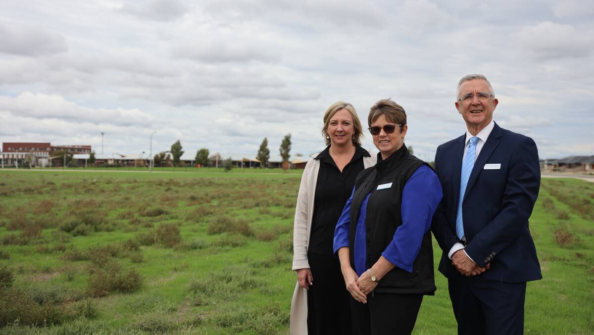 NEW HUB: Carla Jeffrey, Chrissy Weller and Paul Desmond at the site of the new kindergarten hub set to be built in Echuca's west. Picture: SUPPLIED