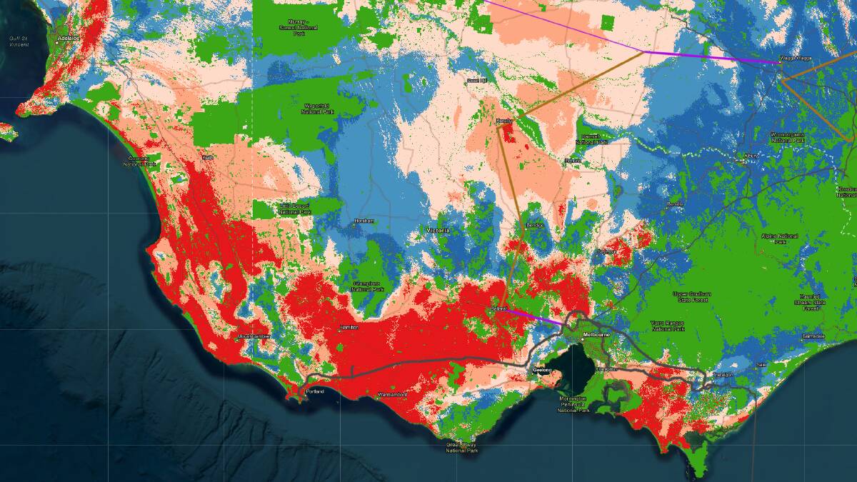 A heat map produced by ANU researchers showing the ideal areas (in red) for wind energy generation, demonstrating renewable projects will be concentrated in specific parts of regional Australia.
