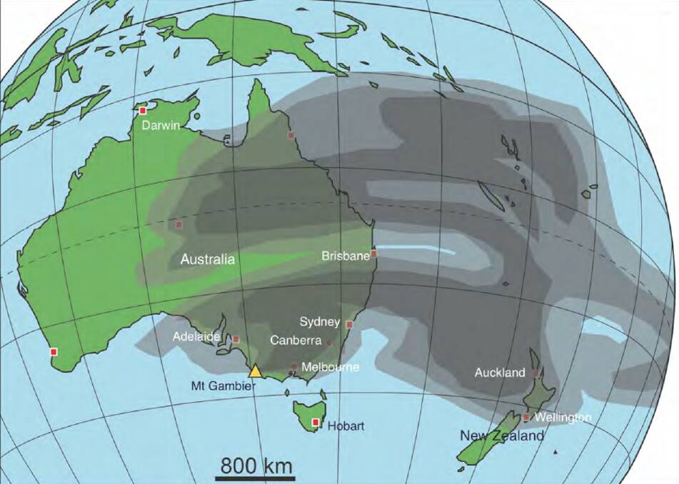 This map model predicts the impact of a volcanic eruption at Mount Gambier by sumperimposing the ash cloud from Iceland's Eyjafjallajkull eruption in 2010. Photo: Dr Jozua van Otterloo and Professor Ray Cas.