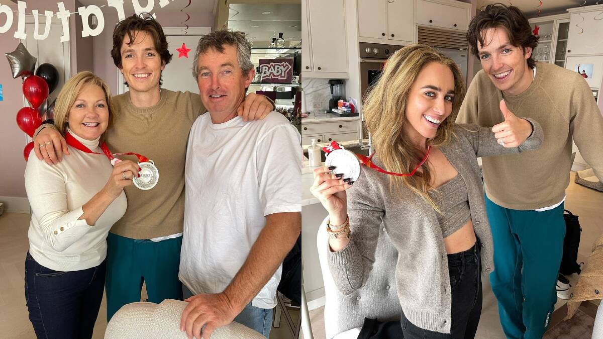 Scotty James with his parents (left) and with his fiancée Chloe Stroll (right) on Tuesday after returning from the Beijing Winter Olympic Games 2022. Photos: Scotty James.