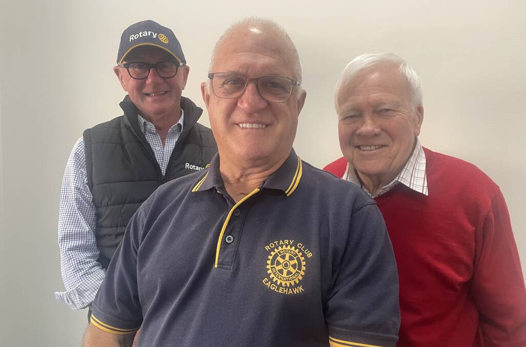 Castlemaine Rotarian John Clue, district governor Ron Payne and Bendigo Sandhurst Rotary co=-president Ray Carrington are preparing to host the district conference. Picture by David Chapman.