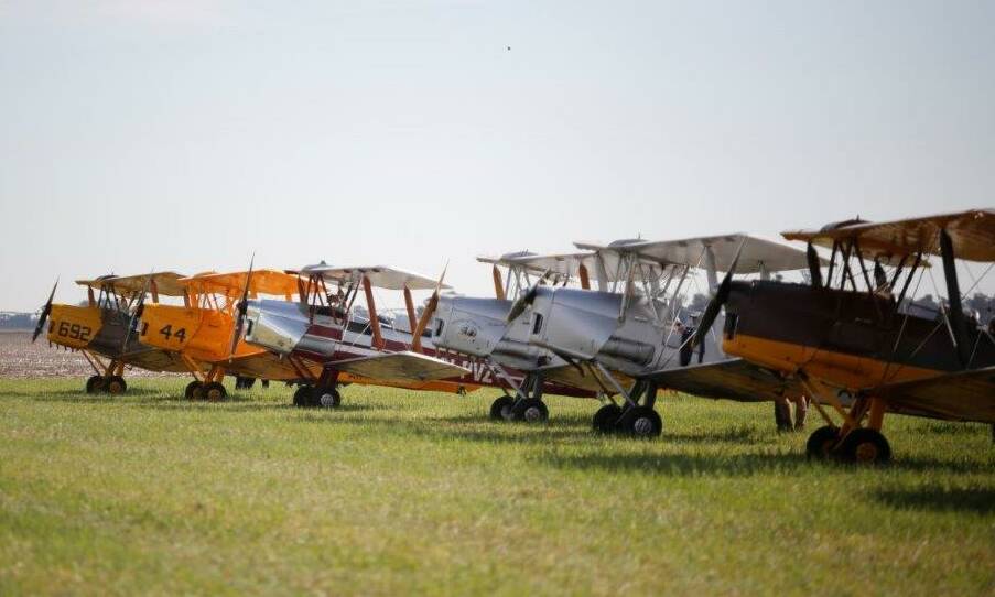 VINTAGE SQUADRON: Tiger Moths line the field at the Serpentine Air Race centenary celebrations on Sunday.