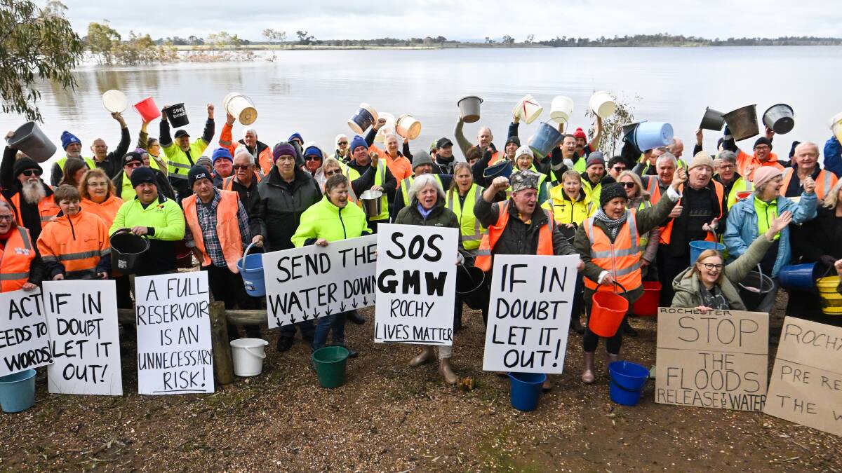 Rochester residents protesting at Lake Eppalock in July, calling on GMW to release water to prevent possible flooding. Picture by DARREN HOWE