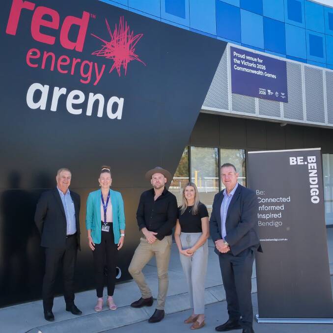 Celebrating the new partnership between stadium and chamber of commerce are (from left) Red Energy Arena CEO Dennis Bice, Arena event co-ordinator Imogen Smith, Be.Bendigo's Josh DeAraugo, Arena marketing manager Eve Ritchens and Be.Bendigo CEO Rob Herbert. Picture is supplied.