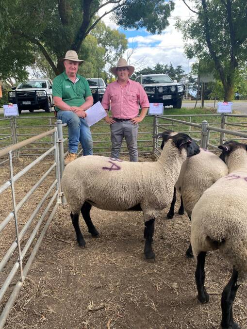 Auctioneers Dean Coxon and John Robson from Elders and Landmark Kyneton are ready for the Suffolk Ewe Auction. Picture supplied