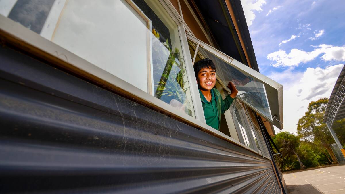 St Peter's Primary School co-captain Kartik Sharma in one of the portable classrooms which will be obsolete after a million-dollar refurbishment next year. Picture: DARREN HOWE
