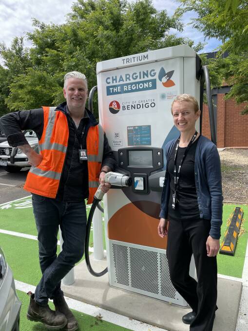 City of Greater Bendigo fleet manager Luke Shaw and climate change and environment manager Michelle Wyatt at one of the new charging stations. Picture: DAVID CHAPMAN