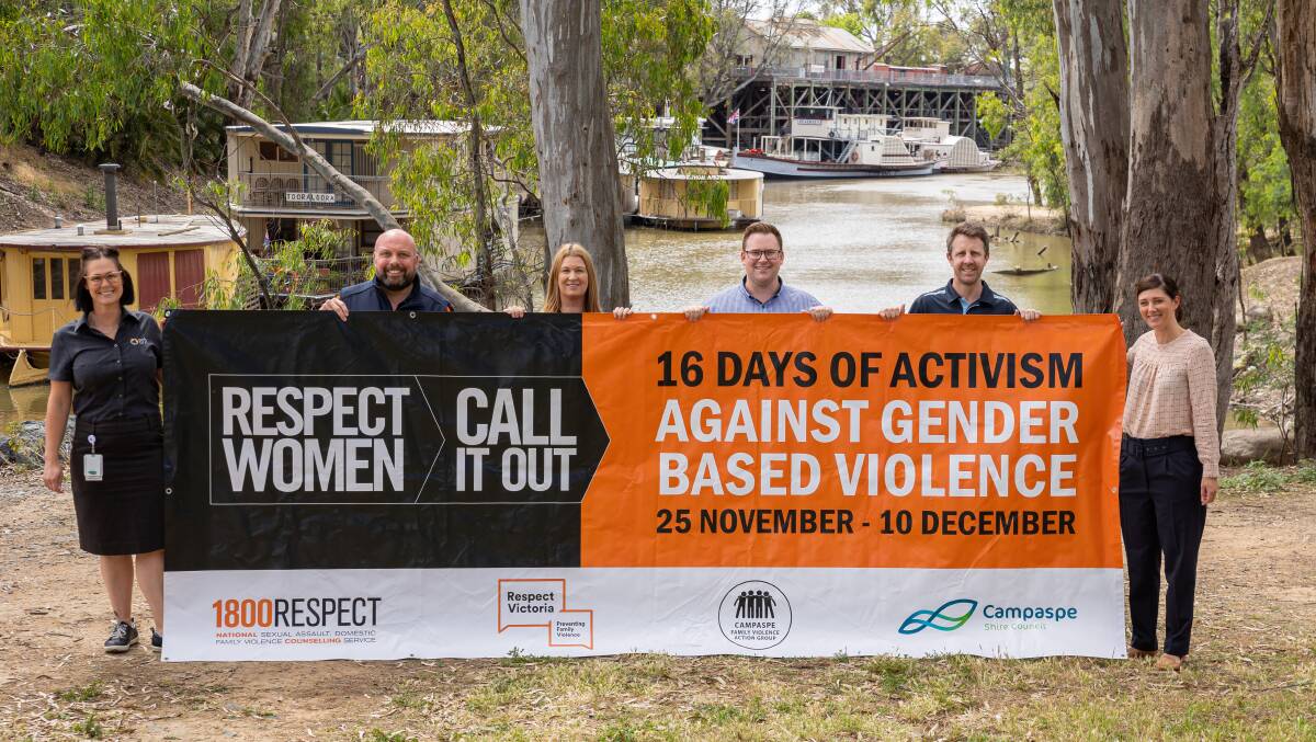 A series of Campaspe organisations have come together to raise awareness about violence against women. Pictured (from left): Chelsea Nevin, Tristan Nevin, Jessica Ibbeson, Lachlan Cozens, Ashley Watson and Emma Brentnall. Picture: SUPPLIED