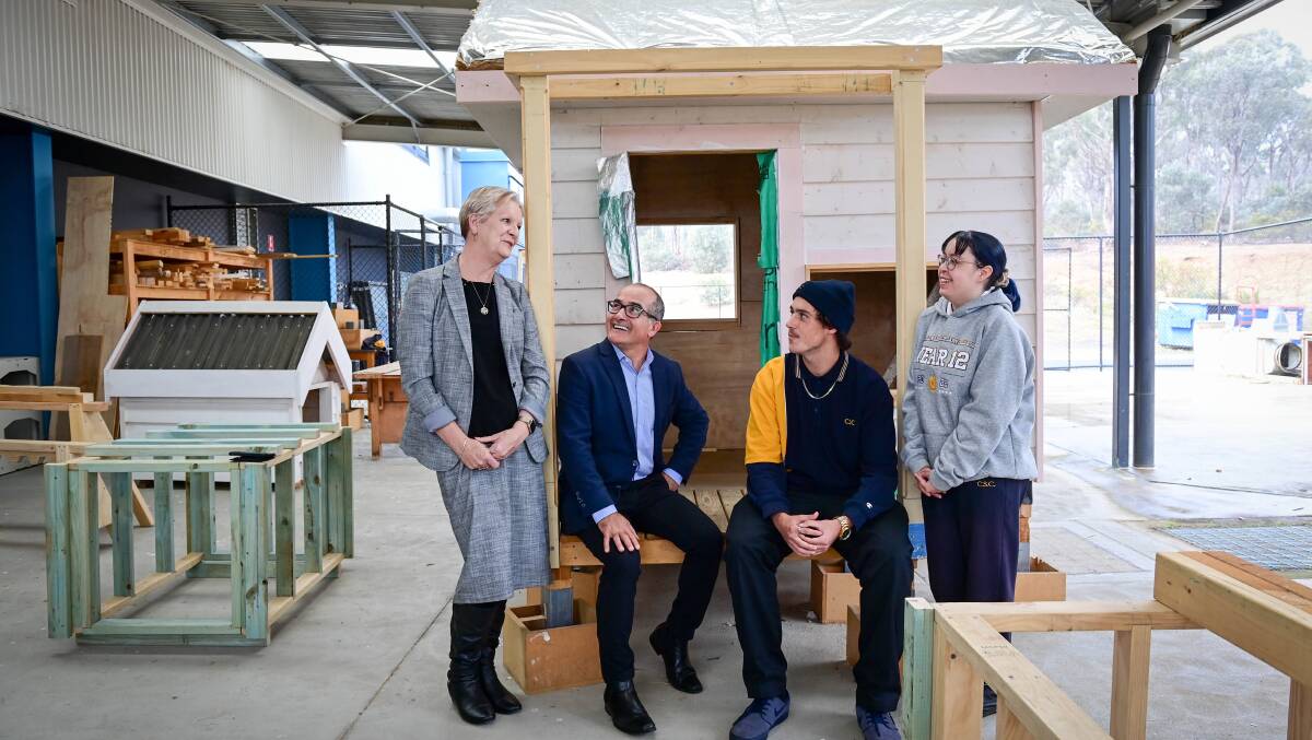 FUTURE: Bendigo West MP Maree Edwards joined Victorian Education Minister James Merlino and Jacob Ramsay and Maia Potsill to talk about VCAL. PictureL BRENDAN McCARTHY