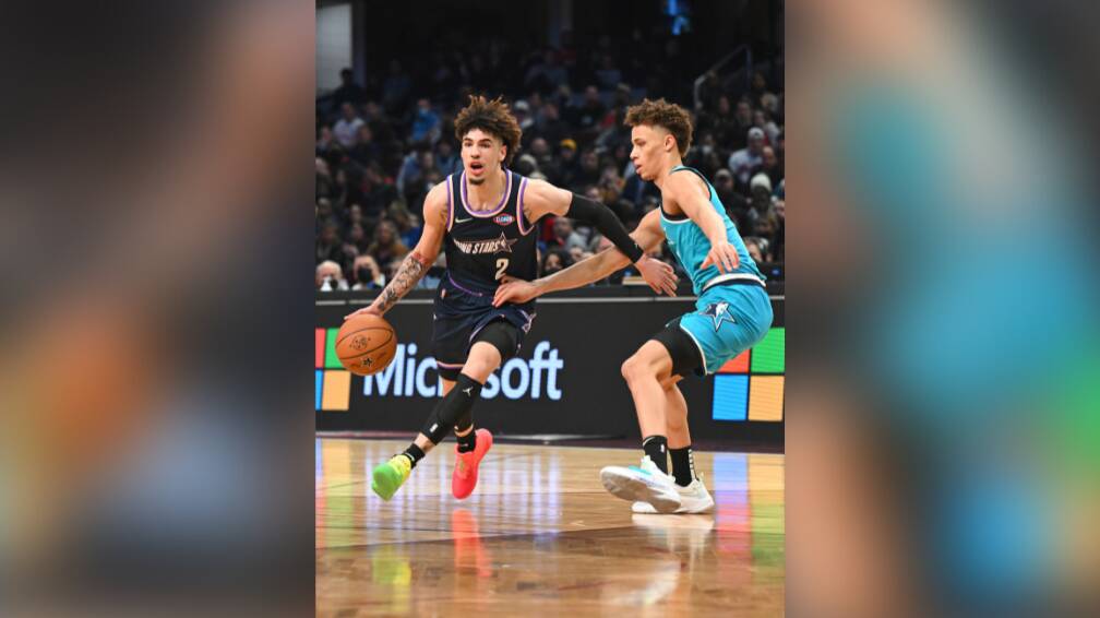 Dyson Daniels defends Charlotte Hornets star LaMelo Ball in the Rising Stars Challenge at NBA All-Star Weekend. Picture: GETTY IMAGES