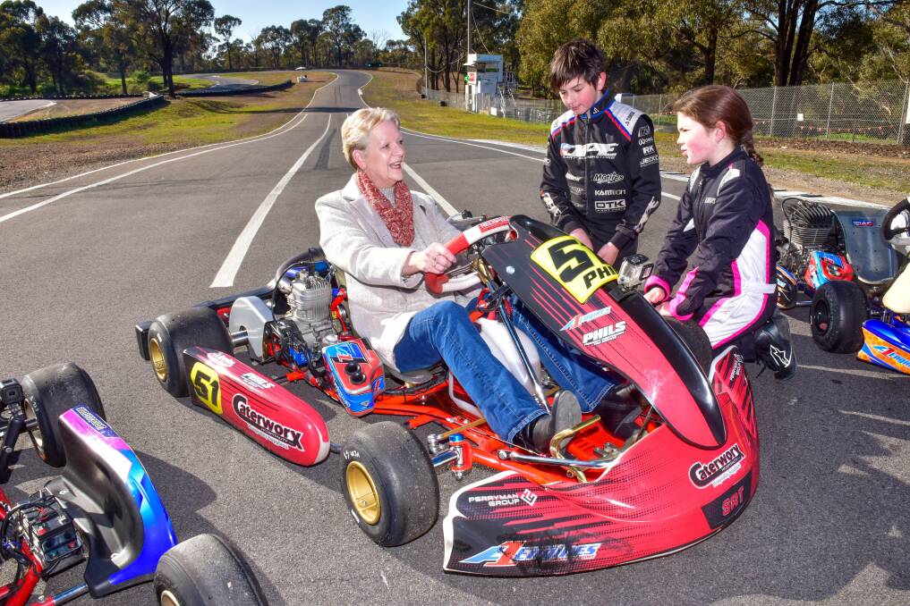ROOKIE PILOT: MP Maree Edwards takes pointers from more established drivers at the Bendigo Kart Club on Saturday with Kobie Wilson and Addy Arnett. Picture: BRENDAN MCCARTHY